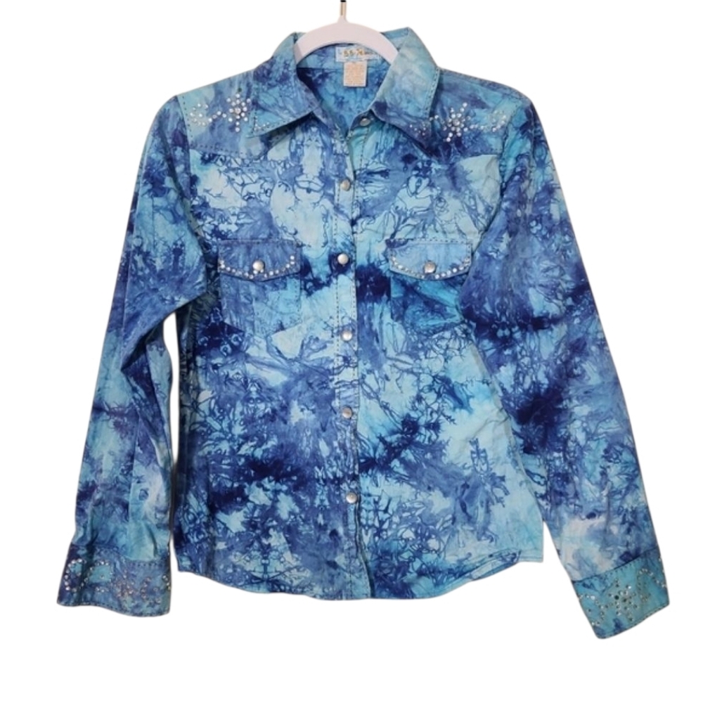 Y2K TyeDye Rhinestone Jacket Blue Silver‎ Rhinestones Shirt With Pockets XL